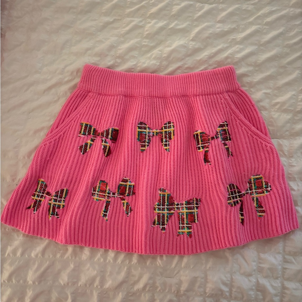 QOS Plaid Bow Knitted Skirt